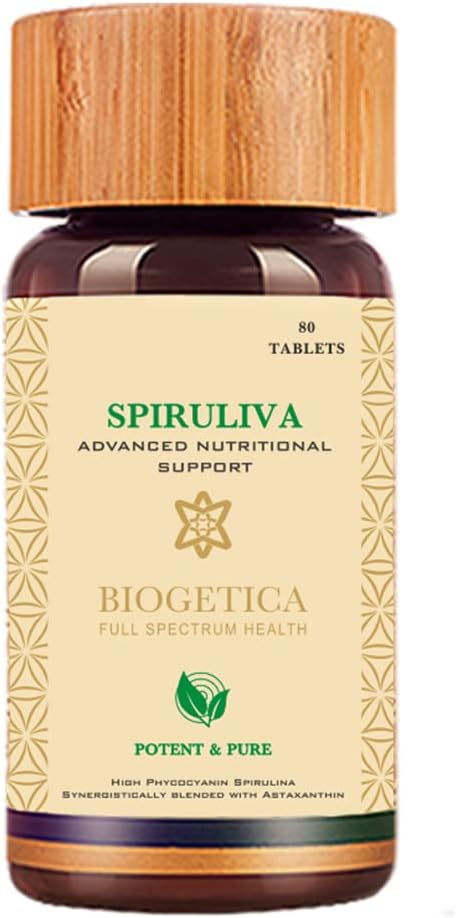 Biogetica Ayurvedic Spiruliva Pills with Astaxanthin - Non-GMO, Rich in Vegan Protein, Vitamins & Prebiotics - 100% Vegan Ayurveda Supplement - 80 Tablets
