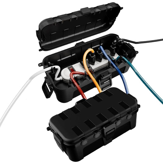 [2 Pack] Outdoor Electrical Box Waterproof, Flemoon Medium Weatherproof Electrical Box (11.5x5.2x4 inch) w\/ 6 Cable Entry Ports, Extension Cord Cover for Power Strip, Timer, Plug, Holiday Light, Black