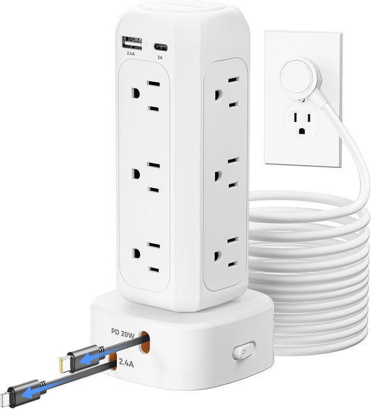 [2025 Upgraded] Power Strip Tower with Retractable Charging Cable, SUPERONE Surge Protector Tower with PD20W USB C and 12 AC Outlets, Flat Plug 6 FT Small Fast Charging Station for Home Office - White