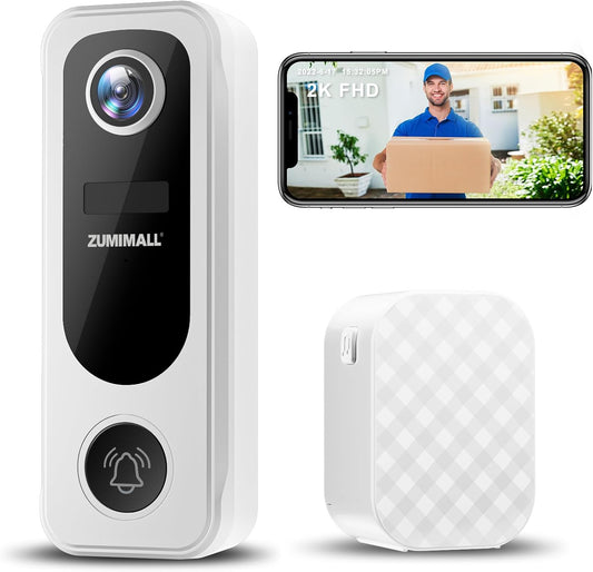 ZUMIMALL Doorbell Camera Wireless, Video Doorbell Wireless with Chime, 2 Way Audio, Voice Changer, 30s Voice Message, Anti-Theft, AI Detection, 2.4Ghz WiFi, Battery Powered, Work with Alexa, White