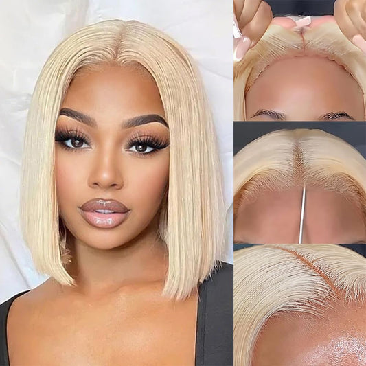 QNQZ Blonde Bob Wig Human Hair Pre Plucked Pre Cut 7x5 Blonde HD Lace Closure Wig 613 Pre Bleached Wear and Go Wig Short 613 Bob Glueless Wig Human Hair 200% Density for Women 14 Inch
