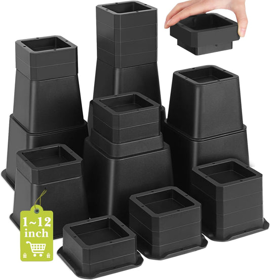 28 PCS Bed Risers 12 Inch Heavy Duty, Adjustable Furniture Risers up to 12 Inch Lift 12 Heights Options 1, 2, 3, 4, 5, 6, 7, 8, 9, 10, 11, 12 Inch for Couch, Sofa, Table Bed Frame Legs Dorm, Black