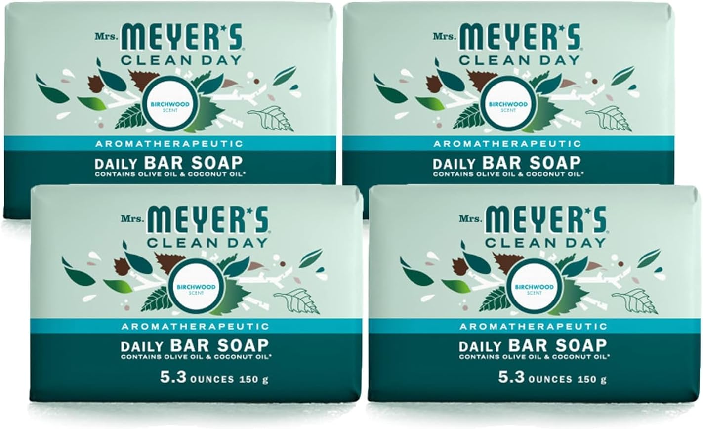 MRS. MEYER'S CLEAN DAY Bar Soap, Use as Body Wash or Hand Soap, Made with Essential Oils, Birchwood_, 5.3 oz, 4 Bars