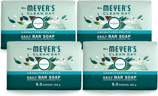 MRS. MEYER'S CLEAN DAY Bar Soap, Use as Body Wash or Hand Soap, Made with Essential Oils, Birchwood_, 5.3 oz, 4 Bars