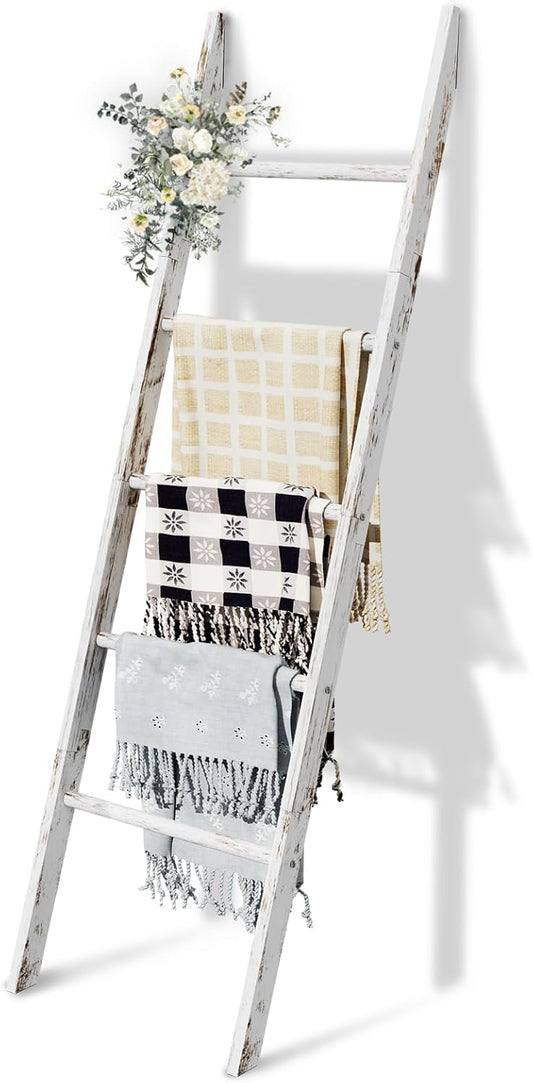 5-Tier Blanket Ladder Wooden, 5.3FT(63'') Blanket Quilt Holder Rack Decorative Ladder, Easy Assembly, Rustic Farmhouse Ladder Shelf for The Living Room Bedroom Bathroom Home Decor, White Wash