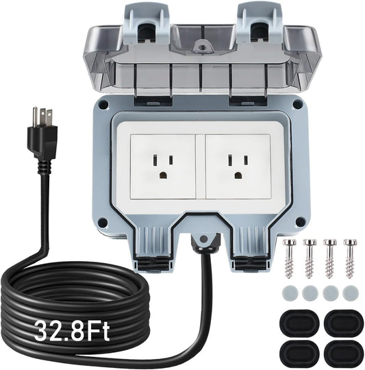 ZUYIYI Outdoor Power Outlet Box with 32.8Ft Extension Cord, NEMA 5-15R, STW 14 AWG, Weatherproof Waterproof IP66 Electrical Outlet Extender, Exterior Wall Power Socket w\/Cover for Garden