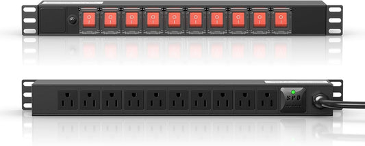 10 Outlet Rack Mount Power Strips with Individual Switch,1U Rack Mount PDU Power Strip for Network Server Racks - Surge Protection - 110V\/15A - w\/ 6ft Power Cord