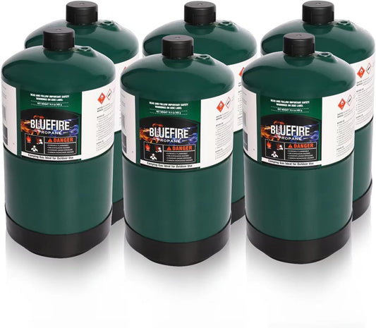 BLUEFIRE 16.4 oz Propane Replacement Fuel Camping Gas Cylinder Pack of 6 All Purpose Portable Canister Propane Gas Tank for Camping Stove Outdoor Backpack Mini Burner Heater Cooking Torch Lamp