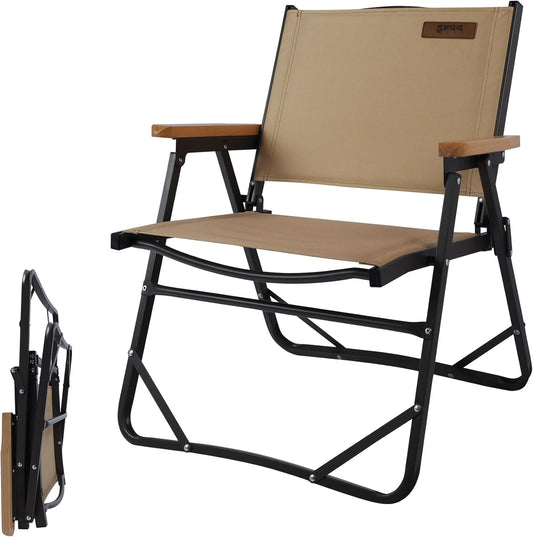 喜马拉雅 Lightweight Folding Camping Chair, Gravel Brown Aluminum Outdoor Beach Chair with Solid Wood Armrest, Portable Collapsible Fishing Chair for Hiking Beach Backpacking Lawn Picnic (1)
