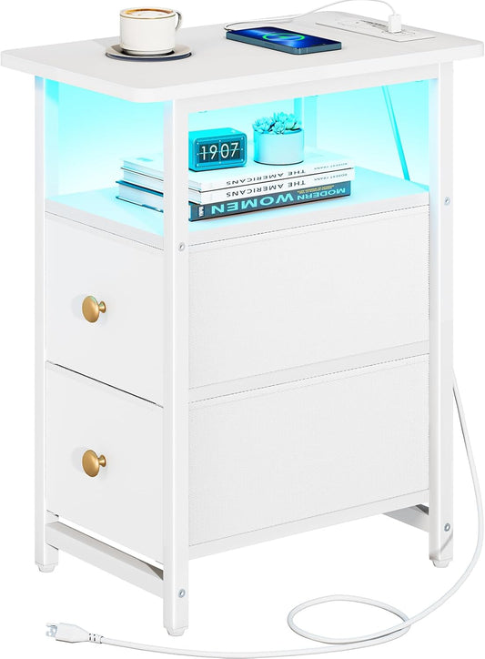 Yoobure End Table with Charging Station, Narrow Side Table LED Small Night Stand, Skinny Nightstand with Fabric Drawers, Bedside Table End Tables Living Room, Side Tables Bedroom for Small Spaces