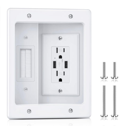 ZEXMTE in Wall Cable Management Kit with AC Outlets & USB Ports, Recessed Outlet Box，in Wall TV Power Kit, Hide Cords Recessed Wall Outlet for TV & Low Voltage Cables, White