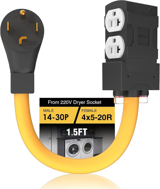 [240V to 120V] 30 Amp to 20 Amp 110 Adapter with Circuit Breaker Dryer Adapter Cord Distribution NEMA 14-30 Adapter to 4X 5-15R/5-20R T-Blade Multiple Use ETL Listed 1.5 FT Household Outlet
