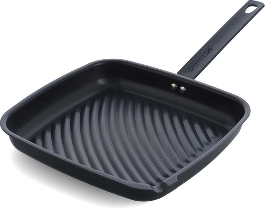 Merten & Storck Pre-Seasoned Carbon Steel Square Grill Pan, Cast Iron, Lightweight and Durable, Sear Grill Broil Fry, Indoor Outdoor Cooking, Easy to Clean, Oven Safe, Induction, Steel Handle, Black