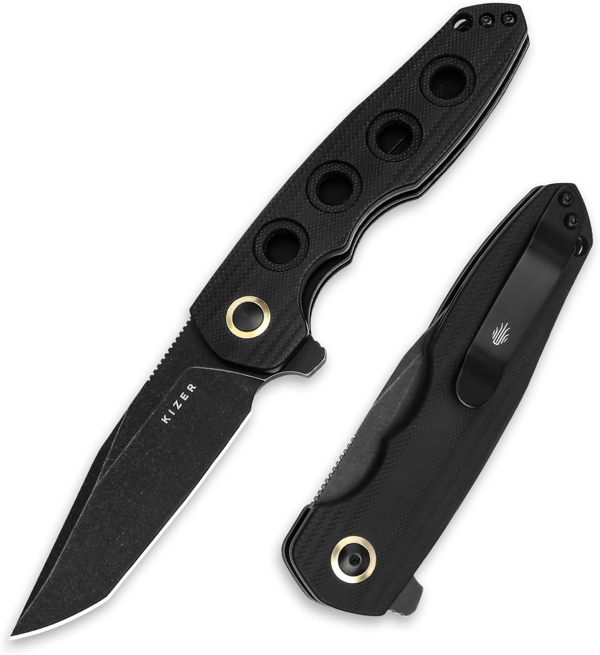 Kizer Z-82 Pocket Folding Knife for Men Women, 3.47" Nitro V Blade Hunting Knife, Black G10 Handle with Rounded Hollow Scale EDC Knife, Flipper & Liner Lock Survival Camping Knife with Clip, V4568A1