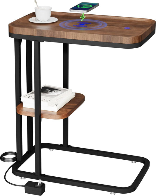 C Shaped End Table with Wireless Charging Station, Smart Side Table, LED Nightstand, Modern Sofa Table\/Couch Table for Small Spaces, Smart Bedside Table for Living Room, Bedroom
