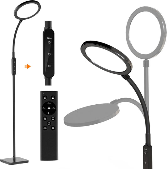 Light Therapy Lamp, Adjustable Brightness and Color 10000 Lux Sun Lamp, with Remote Control and Flexible Gooseneck Sunlight Lamp, 4 Timers & Memory Function Floor Lamp for Reading/Office/Home