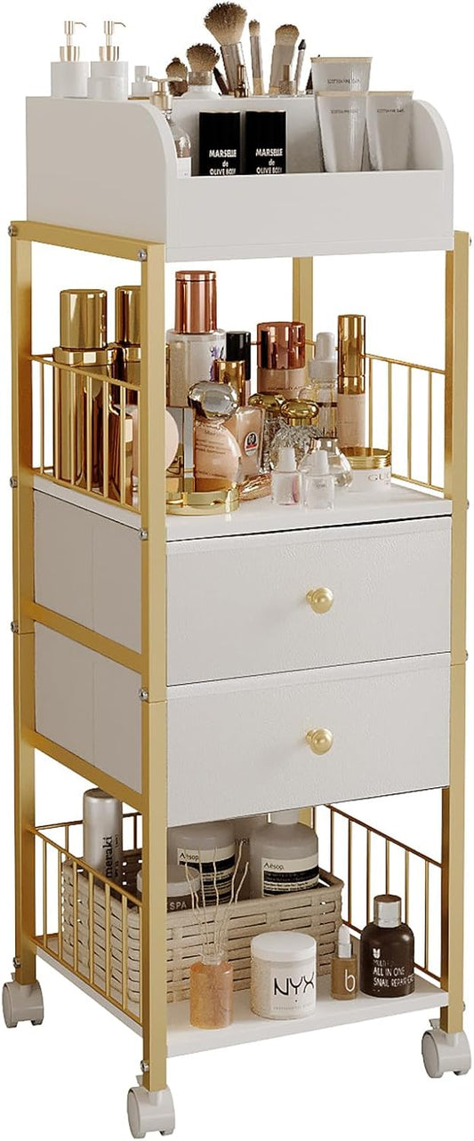 ZQUYAJ Floor Makeup Organizer Cart, Large Skincare organizers, Make Stand with Drawers, Makeup Vanity Organizer Cosmetics Display Cases Holder for Skin Care Nail Polish Perfume Makeup Brush (Gold)