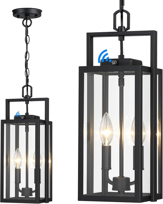 Large Outdoor Pendant Light 2-Light, 17.75'' Dusk to Dawn Modern Black Metal Outside Chandelier Exterior Hanging Fixture Ceiling Mount with Clear Glass for Front Porch Entrance Entryway, 1 Pack