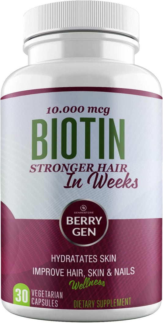 Genrestore Berry Gen Biotin Supplement 10000 mcg Vegetarian Capsules - Support Hair Health & Growth, Help Heal Skin & Reduce Wrinkles and Moisturize Skin, Hair, and Nails - 30 Count (2)