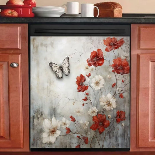 Rustic Farmhouse White and Red Flowers Magnetic Dishwasher Cover Vinyl Decal,Butterfly Kitchen Decor Dishwasher Magnet Cover,Refrigerator Magnet Sticker Appliance Cover Protector,23Wx26H Inches