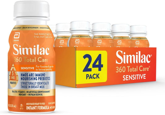 Similac 360 Total Care Sensitive Infant Formula for Fussiness & Gas Due to Lactose Sensitivity, Has 5 HMO Prebiotics, Non-GMO, \u2021 Baby Formula, Ready to Feed, 8-fl-oz Bottle, Pack of 24