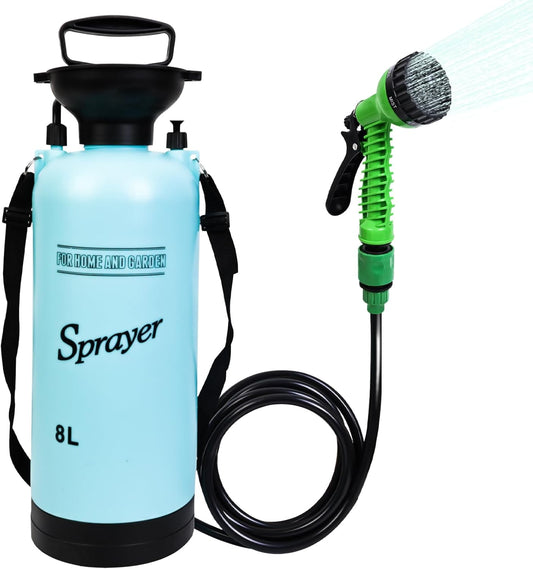 Portable Shower Blue 8L with 7 Spray Modes, Hand Press with Removable Hose and Shower Head