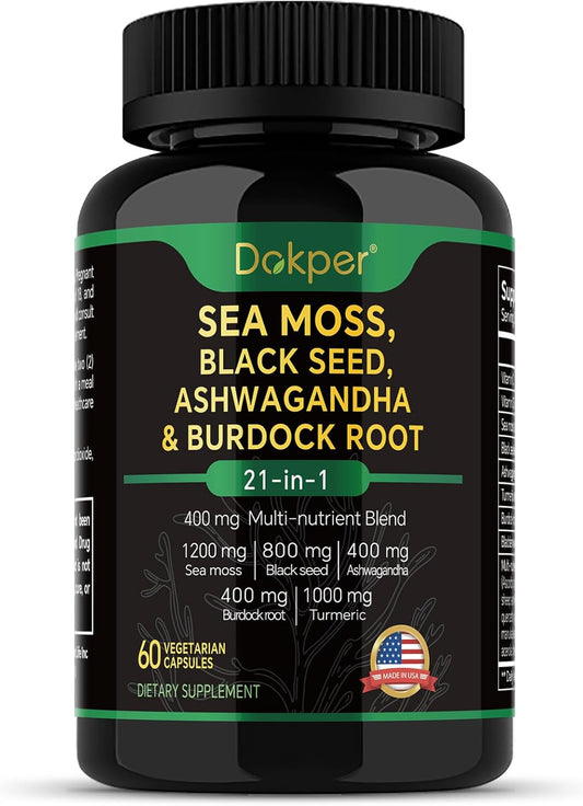 Pack of 4 Sea Moss, Ashwagandha, Black Seed Oil Supplement, Vitamin C & D3 with Turmeric, Bladderwrack & Burdock Root, Natural Herbal Support for Men & Women 60 Capsules, Dietary Supplements