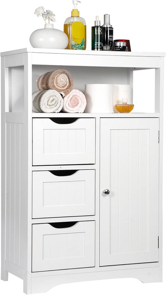 ZenStyle Bathroom Floor Cabinet, Storage Organizer with 3 Drawers and 1 Door, Free Standing Entryway Cupboard for Home Office, White