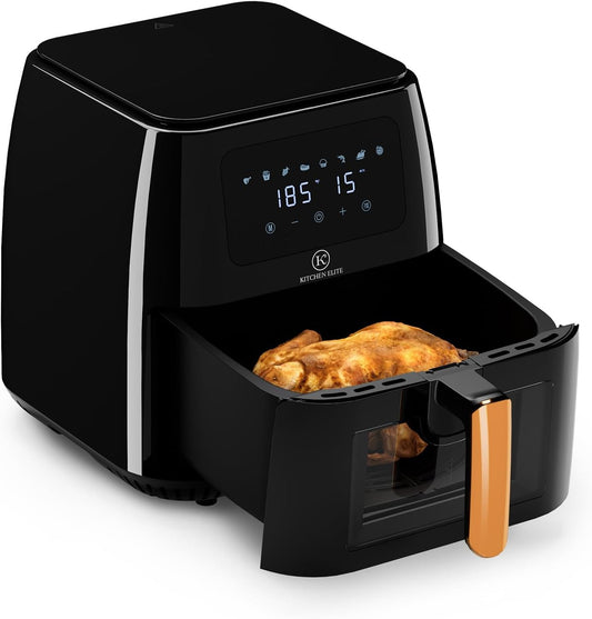 [Kitchen Elite] Air Fryer 8 Qt Large Size with Viewing Window, 8 Presets, One-touch Panel, 360° Turbo Airflow Technology, Nonstick Basket, Dishwasher-Safe, Sleek Black Design