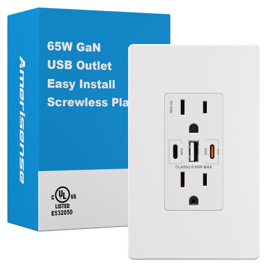 [Upgraded] Amerisense GaN 65W 6Amp 3-Port USB Wall Outlet, 15 Amp Tamper-Resistant Receptacle with 2 USB Type C & 1 Type A Port, USB Charger USB-C with Wall Plated for Phone\/Tablet\/Laptop,UL Listed
