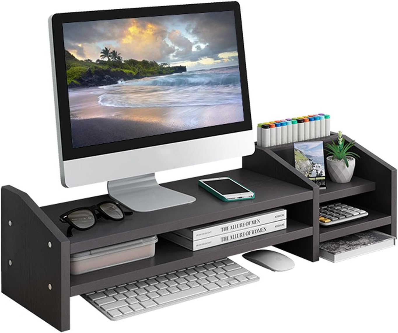 Computer Monitor Riser,Monitor Stand,2 Tier Wooden Computer Monitor Stands with Two Layer Storage Rack,Black Desktop Monitor Stand for PC/Laptop,Home & Office Desktop Organizer