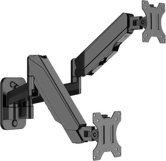 Dual Monitor Wall Mount for 17-32 inch Screens, 2 Monitor Arms with Gas Spring System Each Carries up to 17.6lbs, General Use Wall Mounts, Height Adjustable, Tilt, Swivel, Rotate