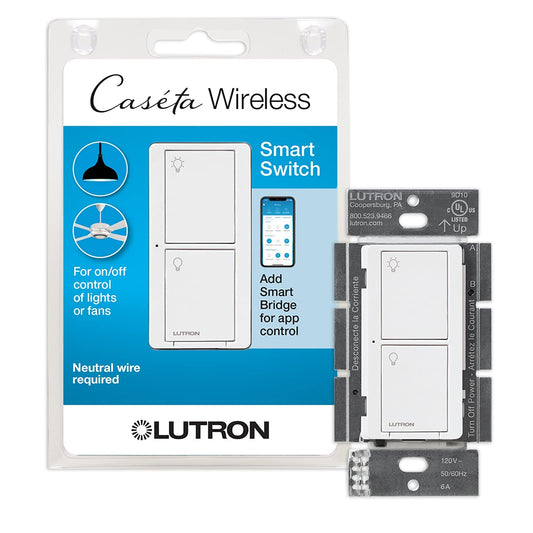 Lutron Caseta Smart Lighting Original Switch for Light Bulbs and Fans, Works w\/ Alexa, Apple HomeKit, Google Home (Hub Required), 6A Single-Pole\/3-Way, Neutral Required, PD-6ANS-WH, White