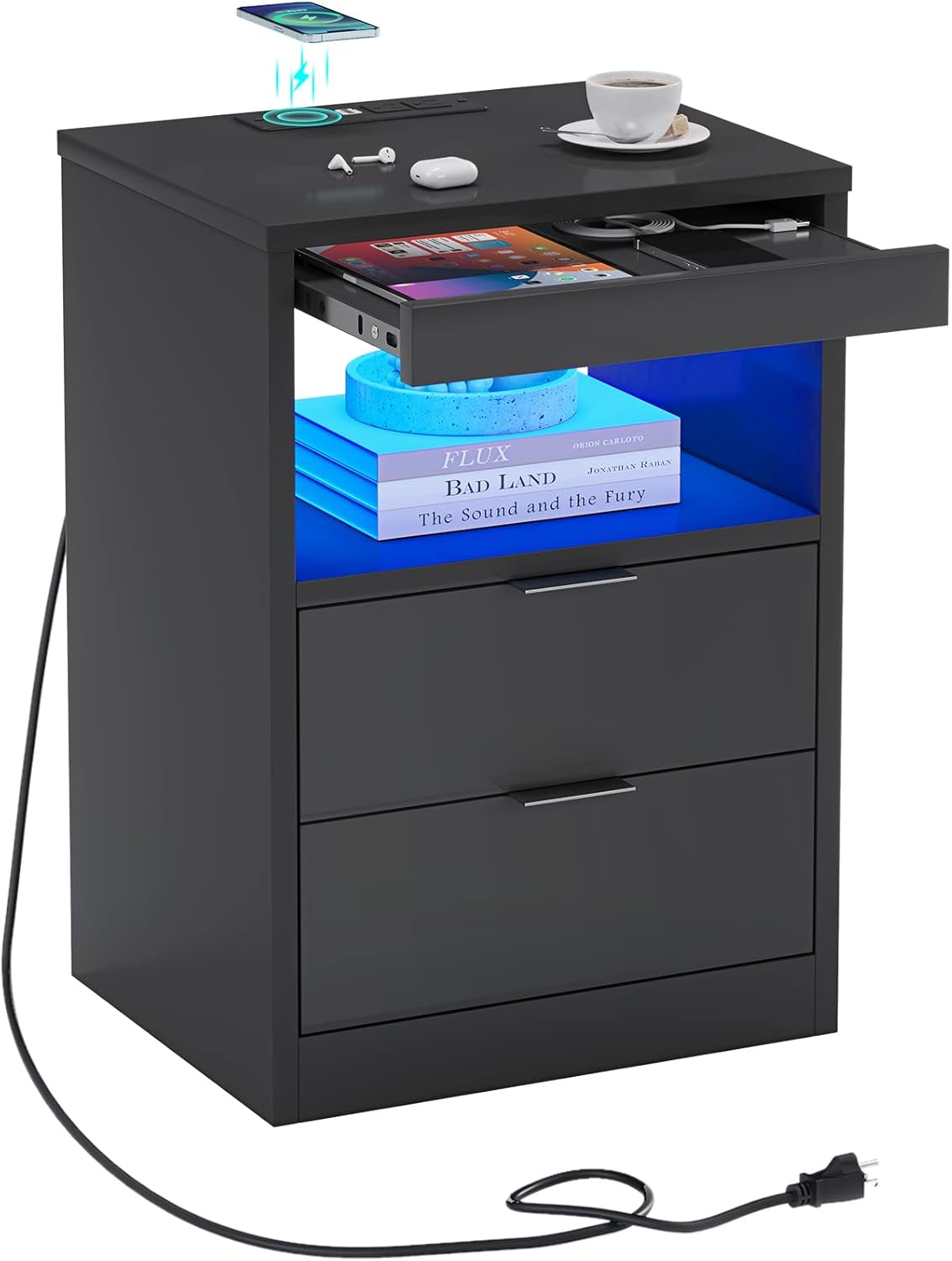 ADORNEVE LED Nightstand Black Nightstand with Wireless Charging Station 2 Drawers, Modern Bedroom End Side Table with LED Lights, Wooden Sofa Bedside Table with Pull-Out Shelf