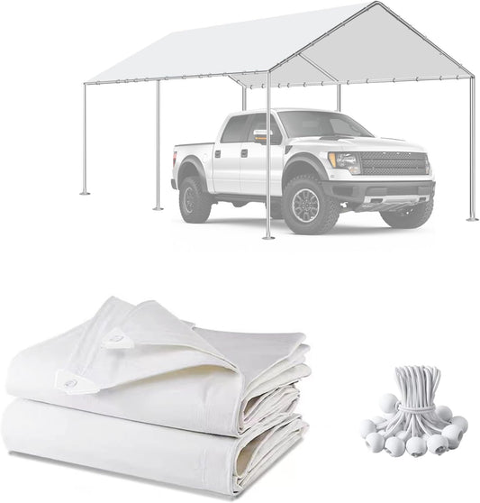 10 x 20 FT Carport Canopy Replacement Cover, Garage Top Tent Shelter Tarp with 42 Ball Bungee Cords, Car Shade Canopy Tent Replacement Cover UV & Tear Resistant (Only Cover, Frame Not Include) (1)