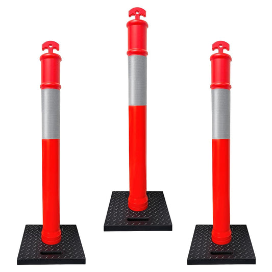(3 Pack) CJ Safety 44" Tall Delineator Post Barrier Cones with Heavy Duty Rubber Base, Reflective Band for Parking Cones, Traffic Cones, Construction Safety Cones (Set of 3 Orange Traffic Delineator)
