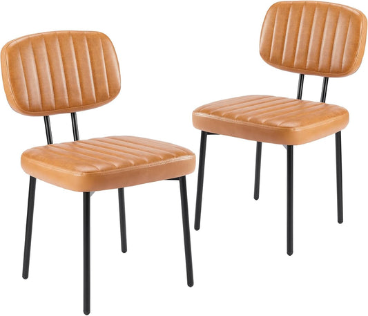 Sweetcrispy Dining Chairs Set of 2, Upholstered Mid Century Modern Kitchen Dining Room Accent Chairs with Faux Leather Cushion Seat & Metal Legs for Kitchen, Living Room - Brown