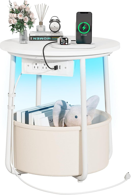 Yoobure Small Side Table, LED Night Stand with Charger Station, Round End Table Side Tables Living Room with Fabric Basket, Bedside Table End Tables Bedroom, Storage Accent Table for Small Spaces
