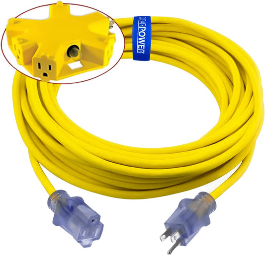 Clear Power 50 ft 12\/3 SJTW Heavy Duty Outdoor Extension Cord, Power Indicator Light, with 5 Outlet Adapter Combo, Yellow, 3 Prong Grounded Plug, CPCO90002