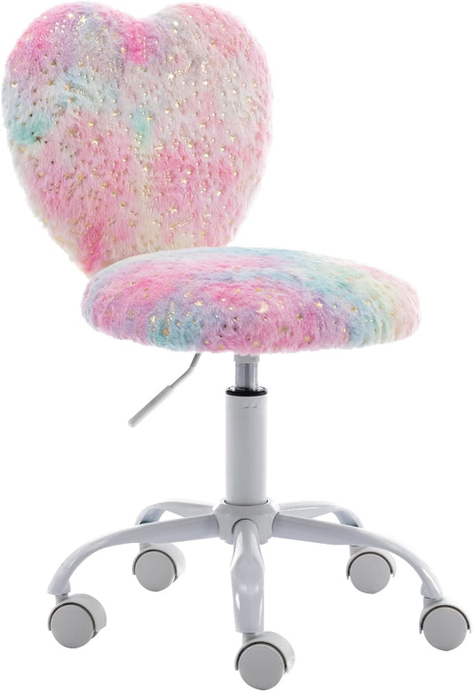 DM Furniture Small Kids Chair, Cute Heart Girls Desk Chair, Rolling Study Chair Furry Pink Computer Chair, Faux Fur Swivel Vanity Chair for Children Bedroom\/Study, Colorful