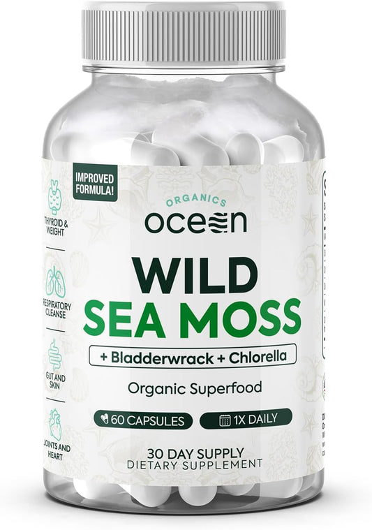 Organics Ocean Wild Sea Moss Capsules - 100% Organic Irish Sea Moss with Organic Chlorella, Bladderwrack and Vitamin D for Energy, Lung Health and Thyroid Support for Women and Men - 60 Capsules