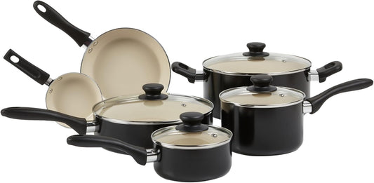 Amazon Basics Ceramic Nonstick Pots and Pans 11 Piece Cookware Set, Easy Clean, Dishwasher and Oven Safe, PFAS-Free, Made Without PFOA & PTFE, Black/Cream