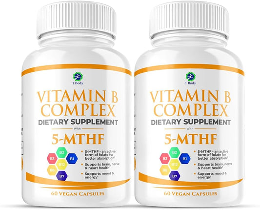 1 Body Vitamin B Complex Twin Pack \u2013 5-MTHF Folate with B1, B2, B5, B6, Methyl B12, Niacin, Biotin \u2013 60 Capsules Each