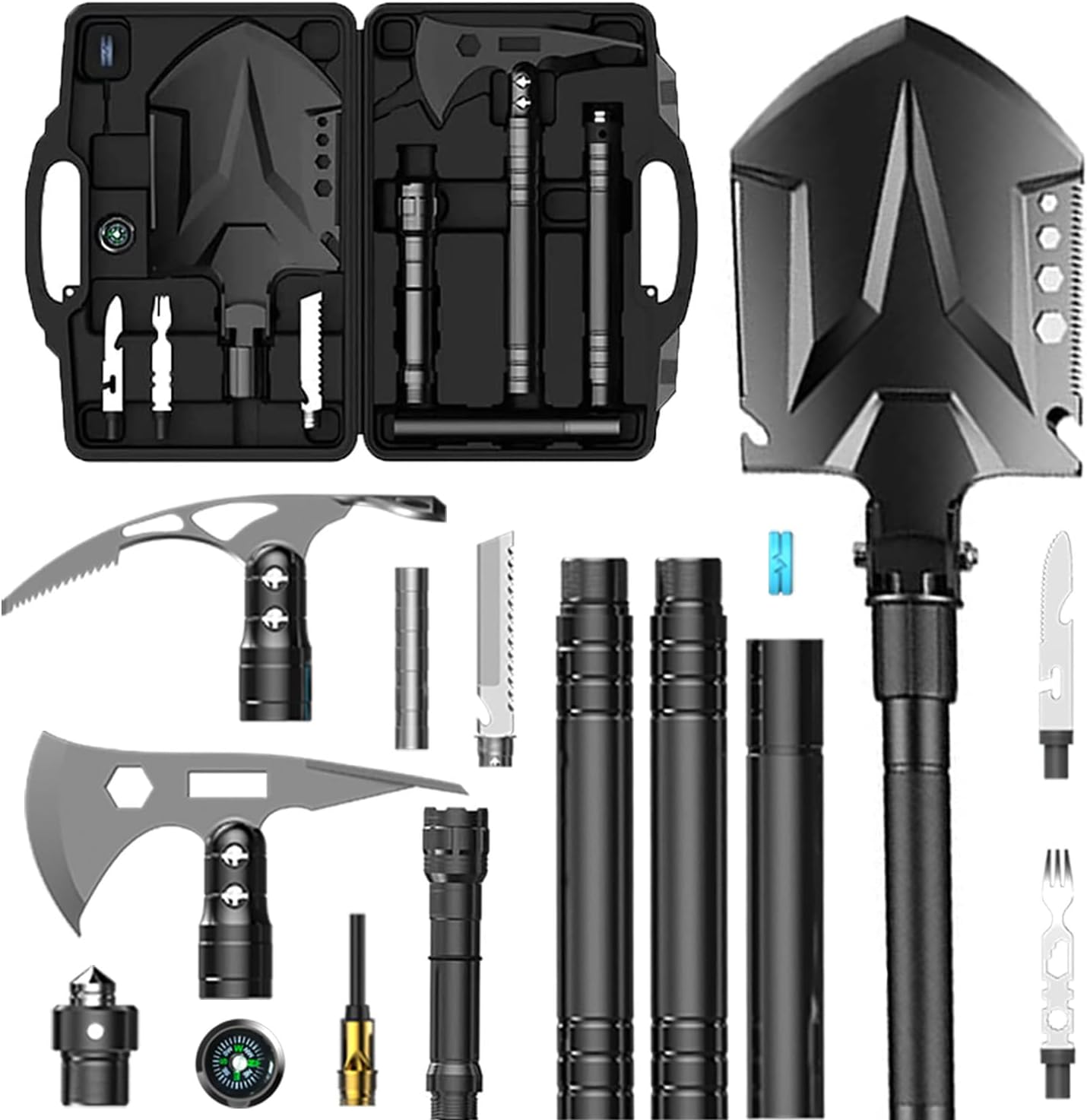 OnePX Folding Survival Shovel Axe Kit Military Grade, Multifunctional Camping Shovel Hatchet Combo with Tools & Carrying Case, High Carbon Steel Tactical Shovel Set, Emergency Gear for Outdoor Camping