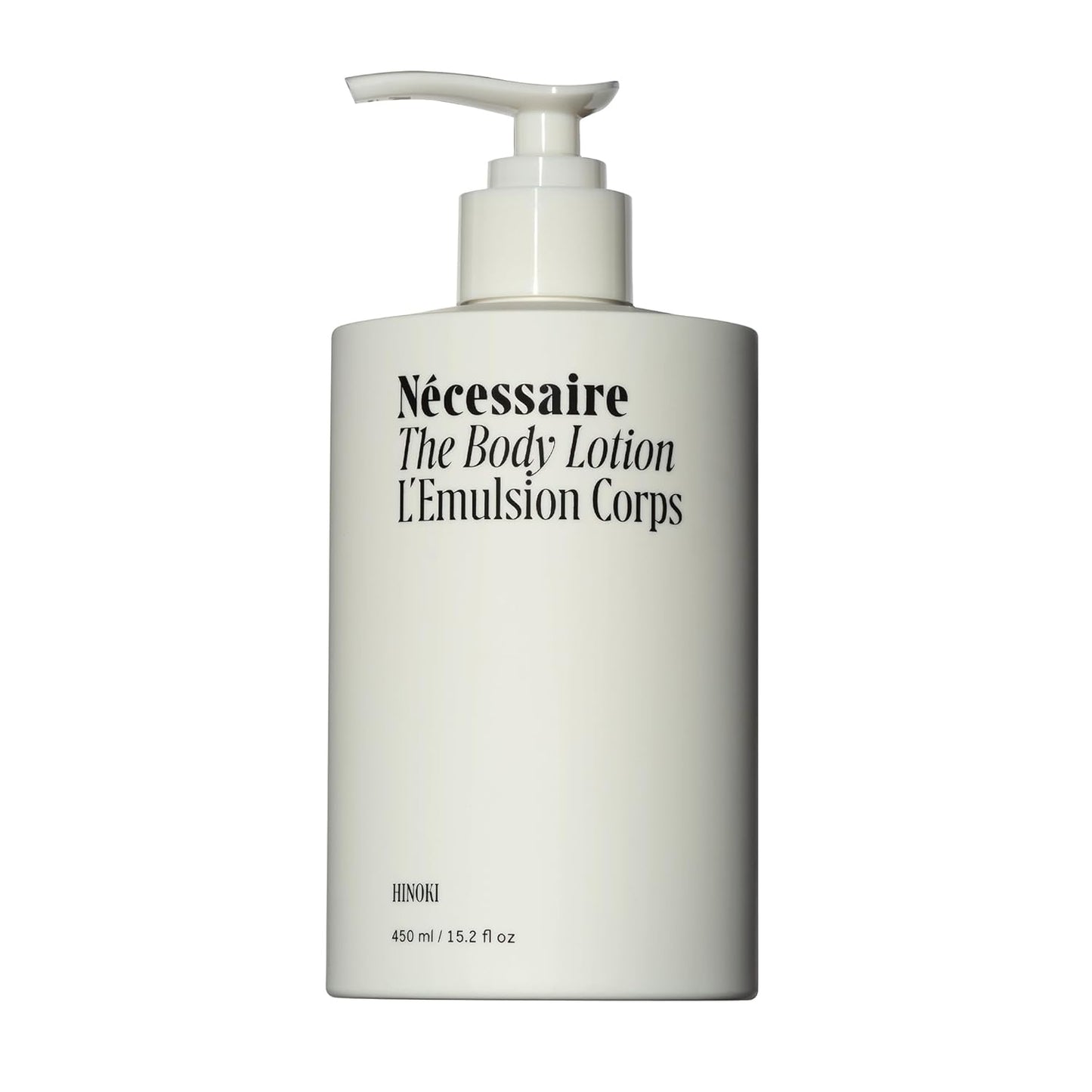 Nécessaire The Body Lotion with Pump. Hinoki. Multi-Peptide Firming Lotion to Moisturize, Firm, Strengthen. 2.5% Niacinamide, Vitamin C\/E + Omega 6\/9. 450ml \/ 15.2 fl oz