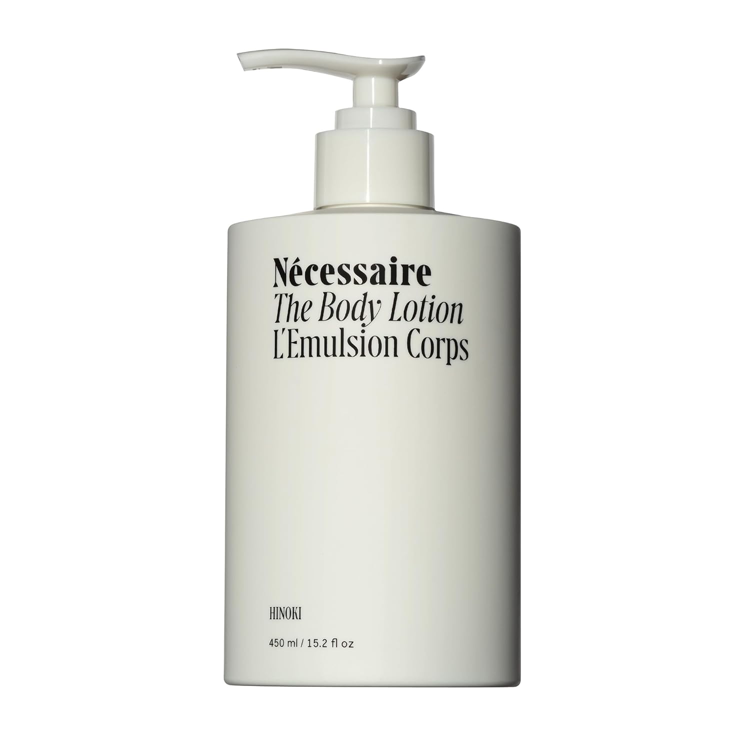Nécessaire The Body Lotion with Pump. Hinoki. Multi-Peptide Firming Lotion to Moisturize, Firm, Strengthen. 2.5% Niacinamide, Vitamin C\/E + Omega 6\/9. 450ml \/ 15.2 fl oz