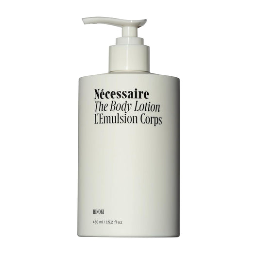 Nécessaire The Body Lotion with Pump. Hinoki. Multi-Peptide Firming Lotion to Moisturize, Firm, Strengthen. 2.5% Niacinamide, Vitamin C\/E + Omega 6\/9. 450ml \/ 15.2 fl oz