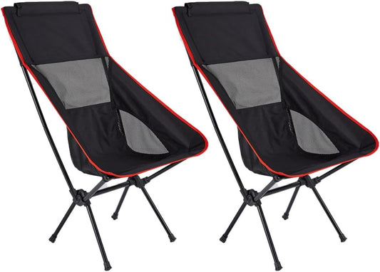 Portable Camping Chair Backpacking Chair - Ultralight Folding Chair - Compact, Lightweight Foldable Chairs for Hiking Mountaineering, Beach, 2 Pack,Black/Red