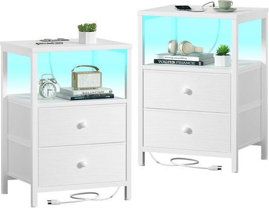BOLUO White Nightstands Set of 2, Bedroom Night Stand Set Two Nightstand with Charging Station and LED Light, Bedside Table with 2 Fabric Drawers Modern