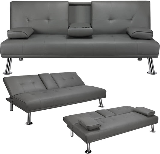 Yaheetech Modern Faux Leather Sofa Bed Convertible Folding Futon with Armrest Home Recliner Home Furniture for Living Room Gray